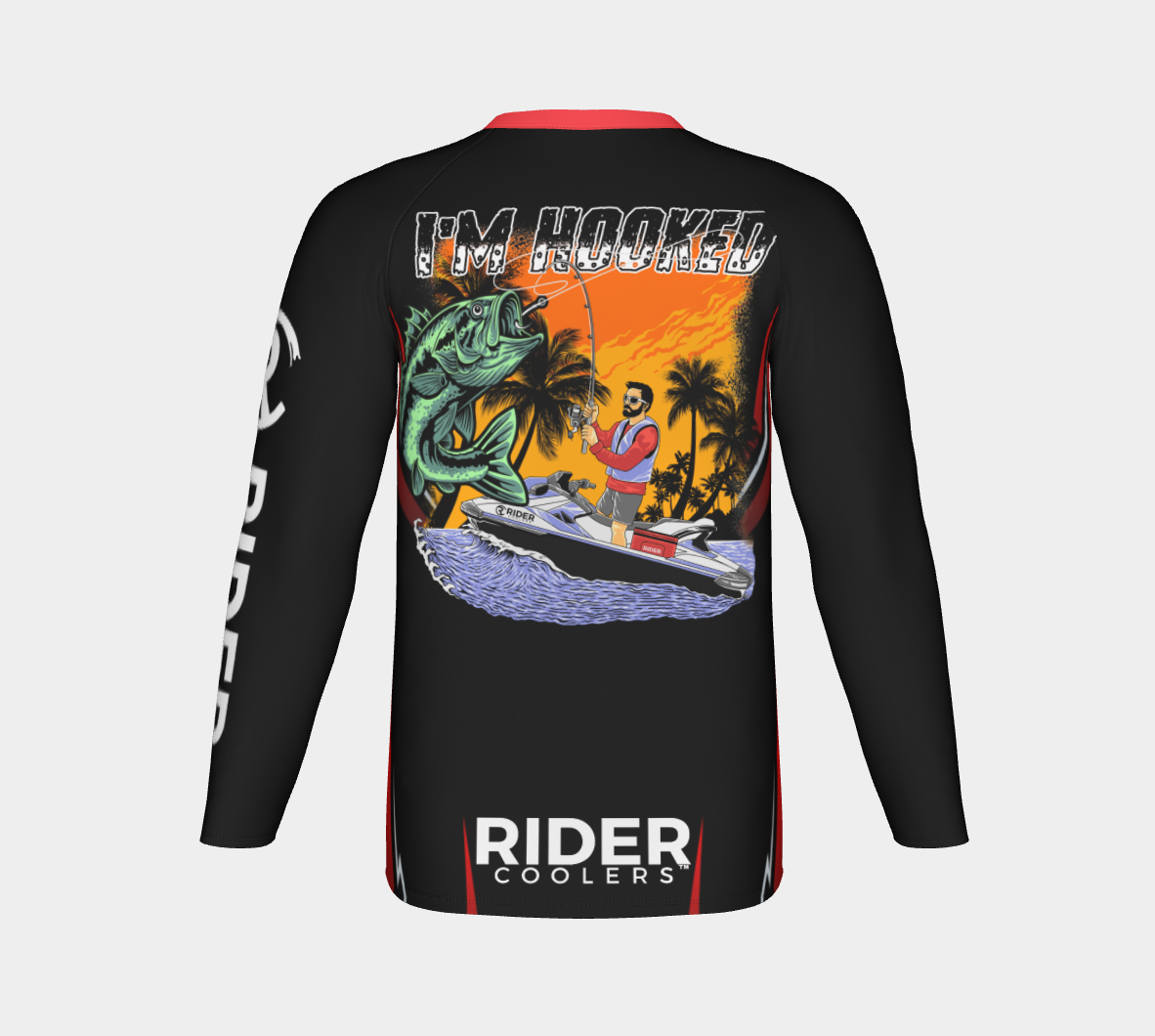 #2 I'm hooked Long Sleeve Shirt Design 100% Polyester Dry fit Sublimation Printed Black/Red strips