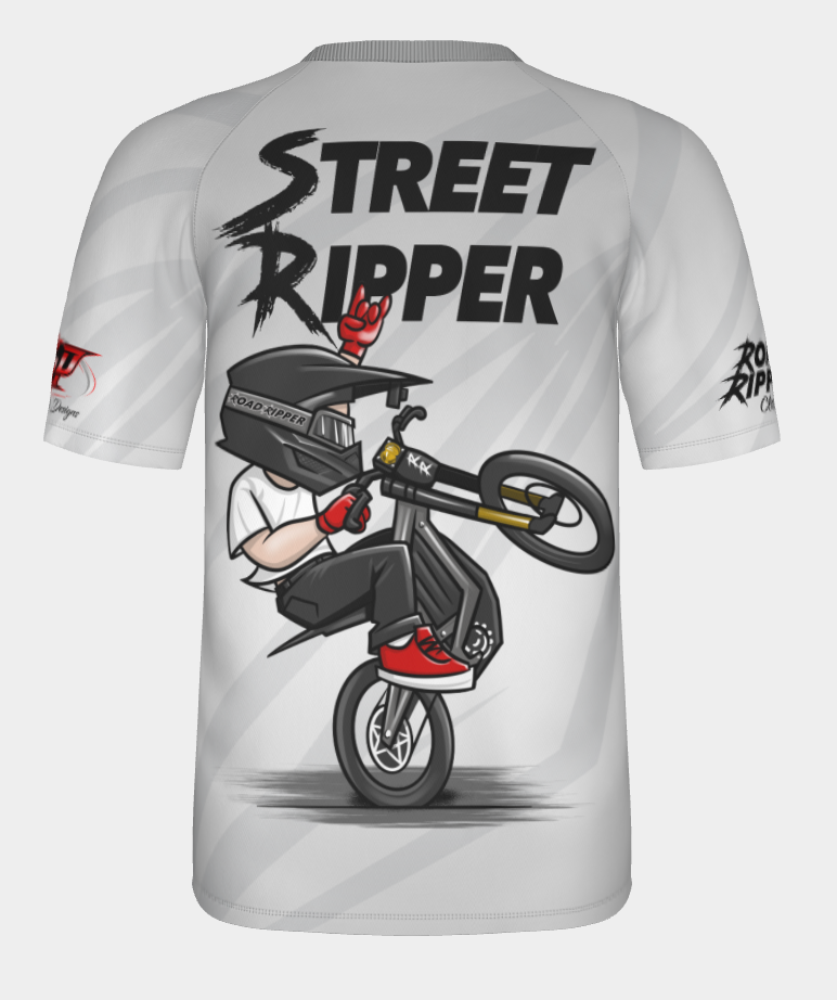 #14 Street Ripper Short Sleeve Surron Tuff wheelie Dry fit Shirt 100% Polyester Sublimation Printed silver strips