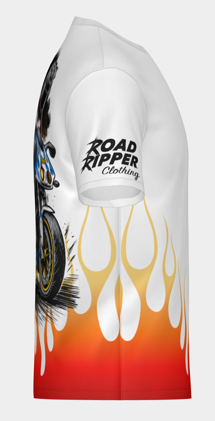 #17 Tire on fire Road Ripper Short Sleeve Shirt Design 100% Polyester Dry fit Sublimation Printed white with flames