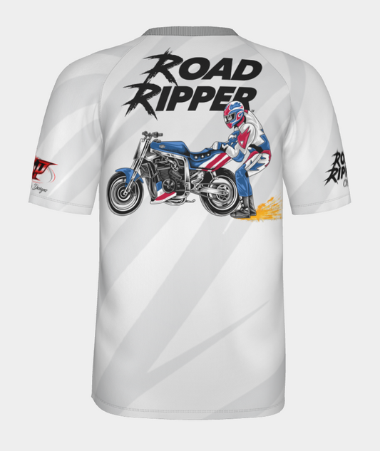 #10 Sking Behind Bike Road Ripper Short Sleeve Shirt Design 100% Polyester Dry fit Sublimation Printed Silver