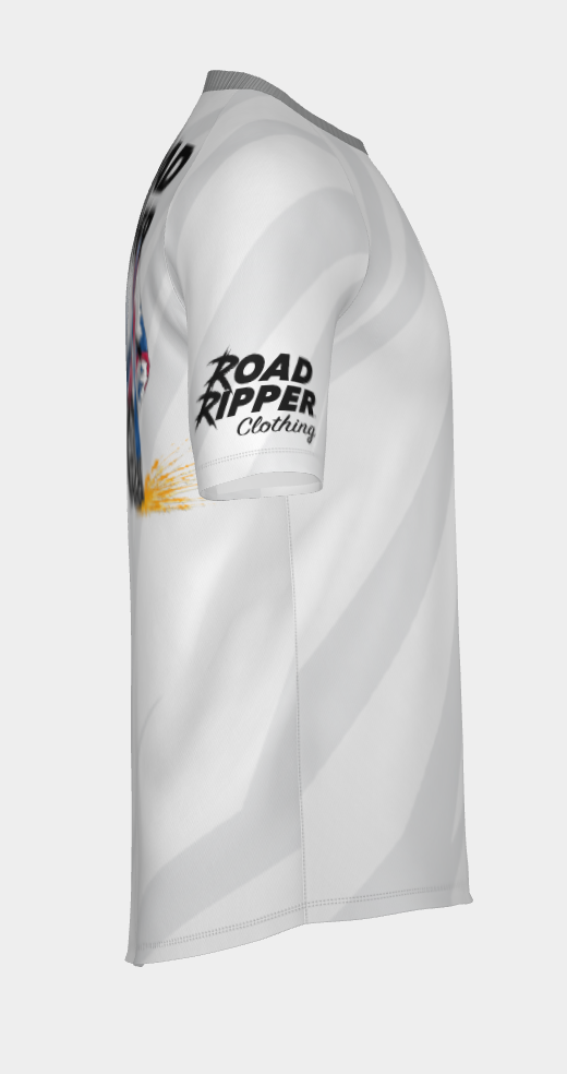 #10 Sking Behind Bike Road Ripper Short Sleeve Shirt Design 100% Polyester Dry fit Sublimation Printed Silver