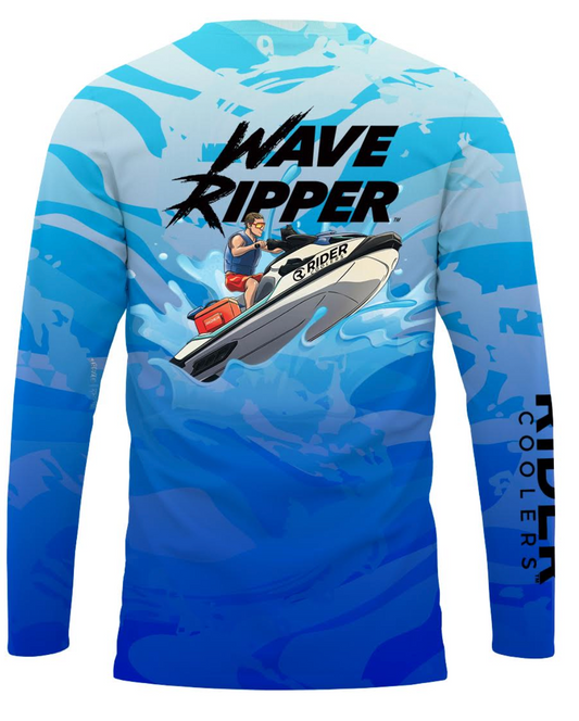 #29 Wave Ripper Long Sleeve Shirt Design 100% Polyester Dry fit Sublimation Printed Blue Grunge