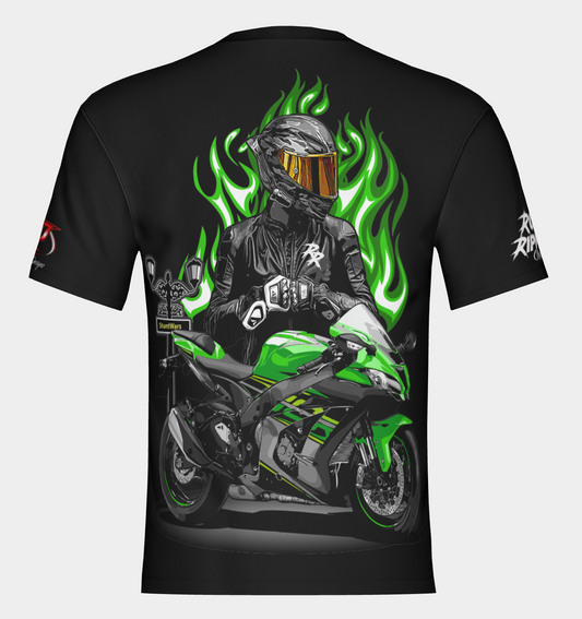 #18 Green Motorcycle Road Ripper Short Sleeve Shirt Design 100% Polyester Dry fit Sublimation Printed Black
