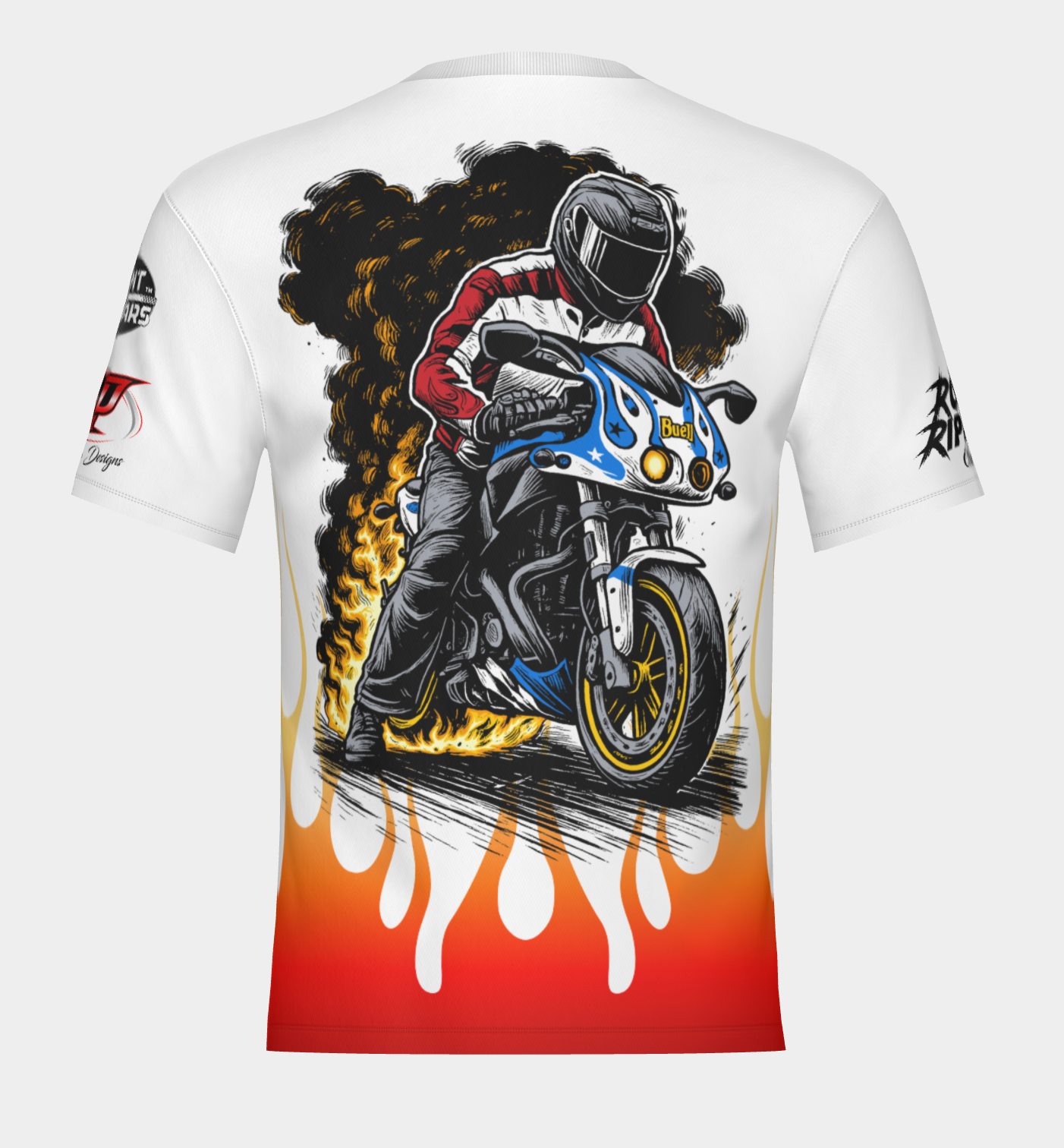 #17 Tire on fire Road Ripper Short Sleeve Shirt Design 100% Polyester Dry fit Sublimation Printed white with flames