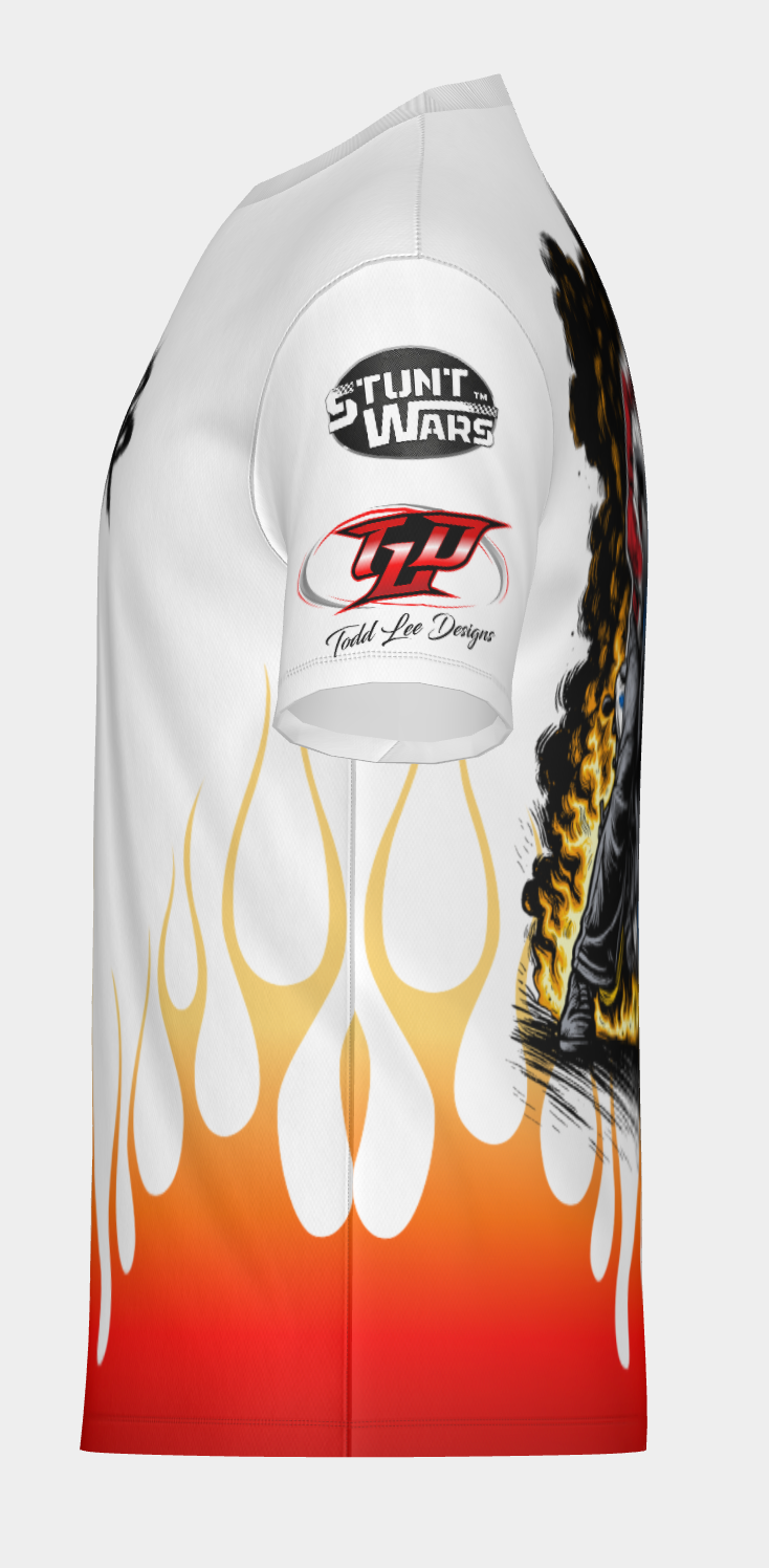 #17 Tire on fire Road Ripper Short Sleeve Shirt Design 100% Polyester Dry fit Sublimation Printed white with flames