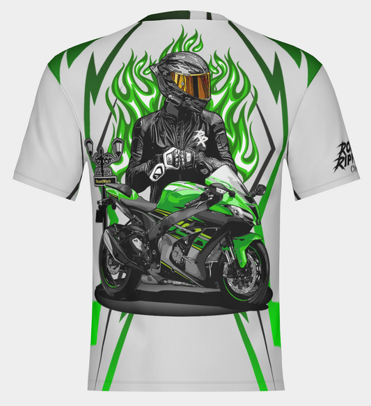 #21 Green Motorcycle Road Ripper Short Sleeve Shirt Design 100% Polyester Dry fit Sublimation Printed white and green