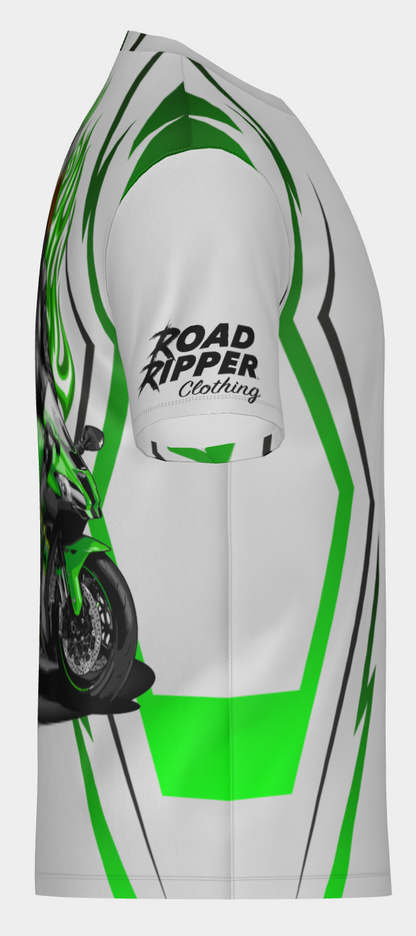 #21 Green Motorcycle Road Ripper Short Sleeve Shirt Design 100% Polyester Dry fit Sublimation Printed white and green